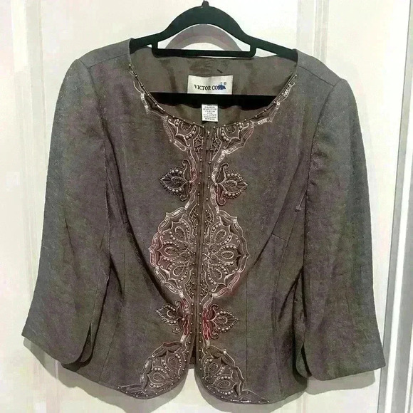 Vintage Victor Costa Women's SZ6 Brown Blue Beaded Evening Jacket Jeweled Button - Picture 1 of 4